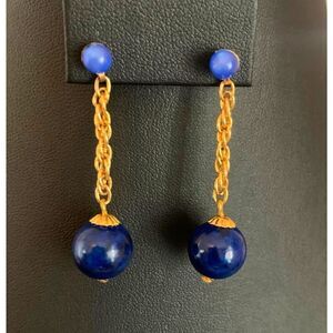 P Royal Blue Drop earrings, in Gold plate, Vintage, Marked